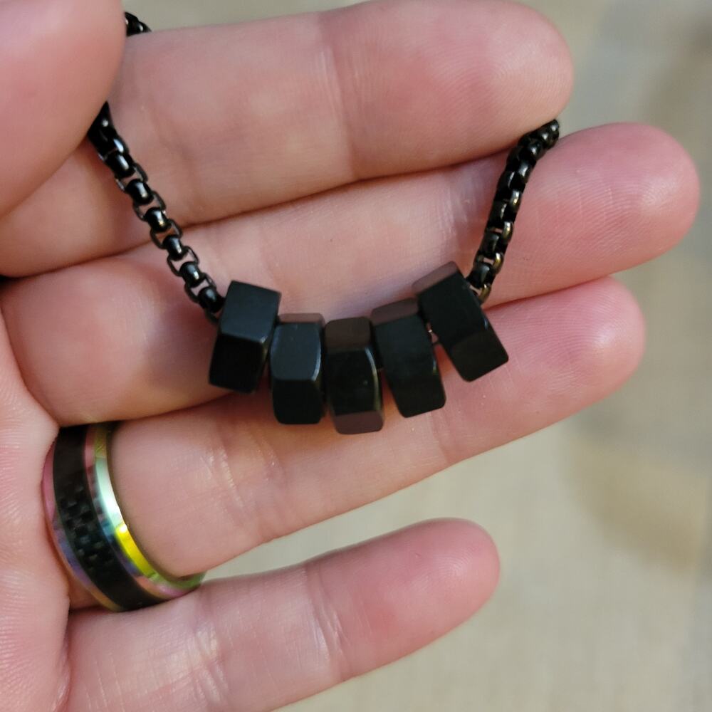 Black industrial hex nut necklace on rounded box chain
